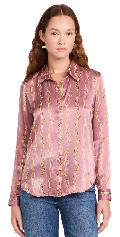 L'AGENCE Tyler Long Sleeve Blouse Mauve Rose Metallic Chain