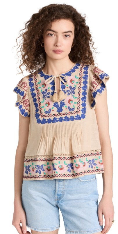 Sea Ramona Embroidery Flutter Sleeve Top Multi