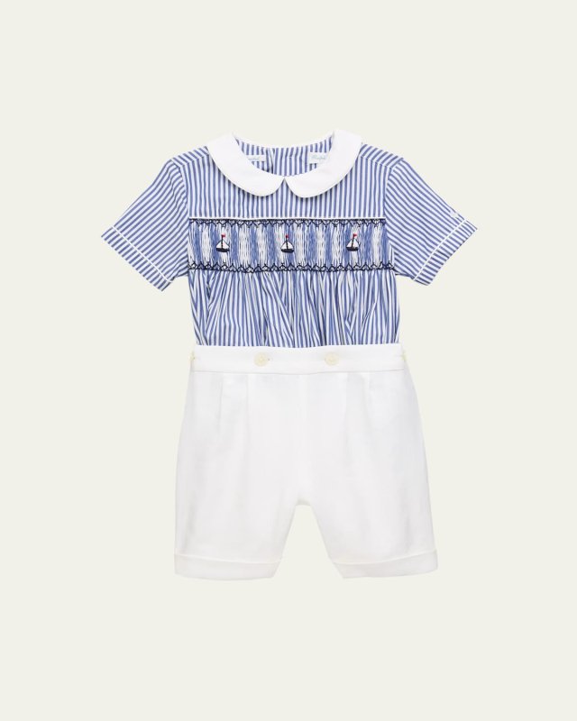 Boy's Nautical-Inspired Smocked Shirt And Linen Set, Size 9M-24M