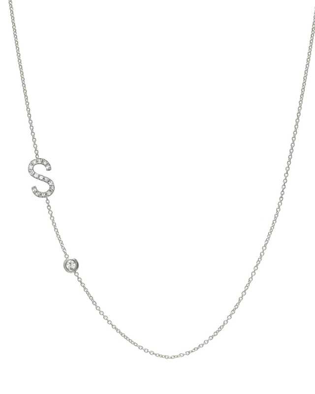 14k White Gold Personalized Asymmetric Diamond Initial & Bezel Necklace