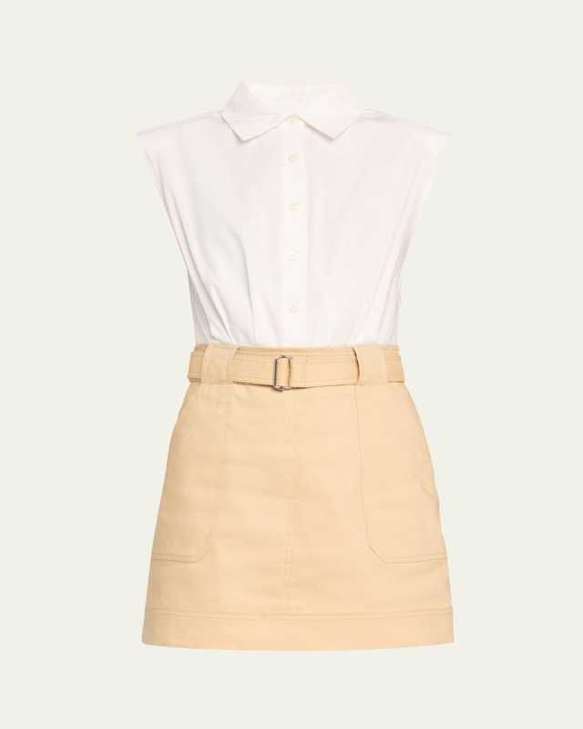 Jensen Belted Combo Button-Front Utility Mini Dress