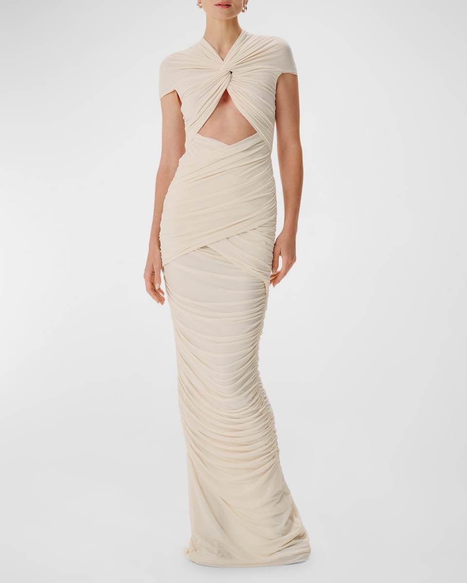 Nasha Cutout Wrapped Jersey Cap-Sleeve Gown
