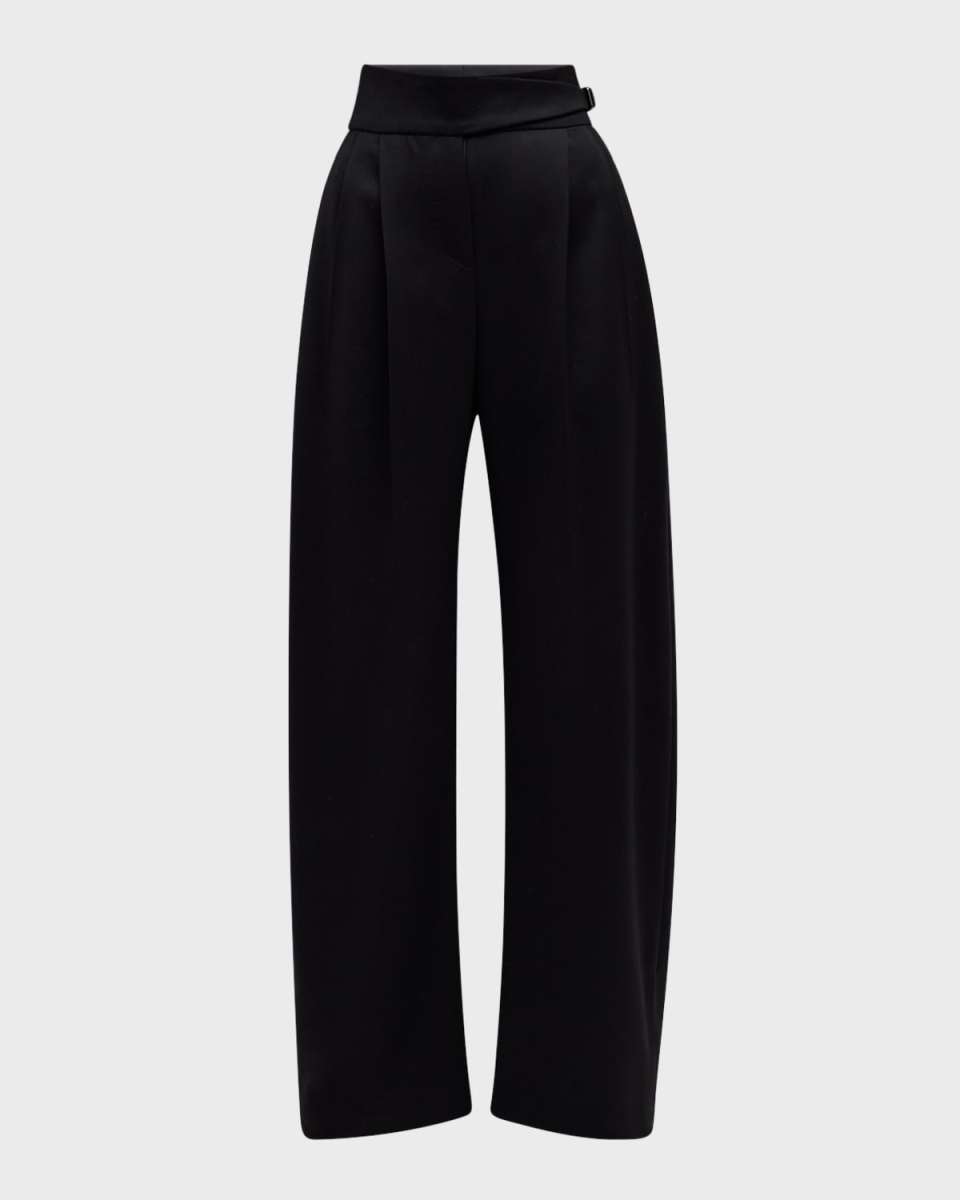 Diamante Buckle Pleated Wide-Leg Satin Wool Pants