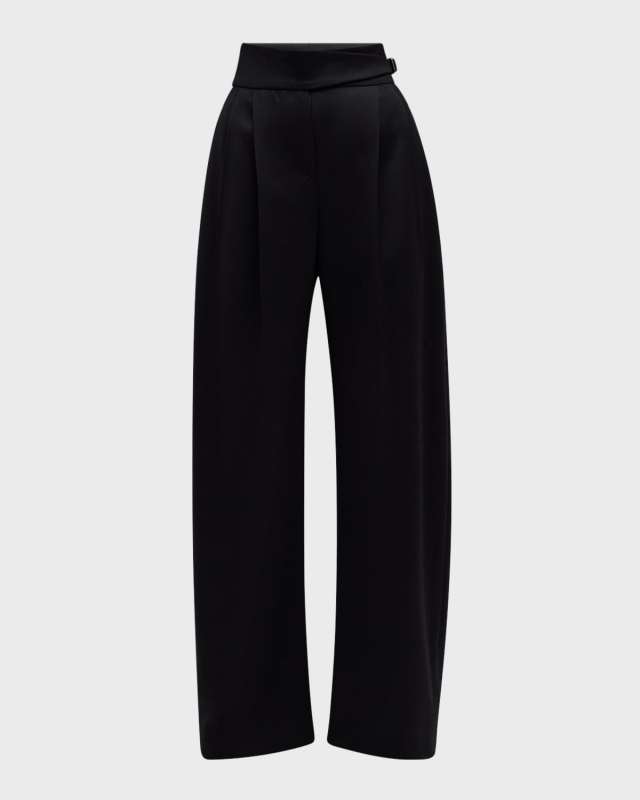 Diamante Buckle Pleated Wide-Leg Satin Wool Pants