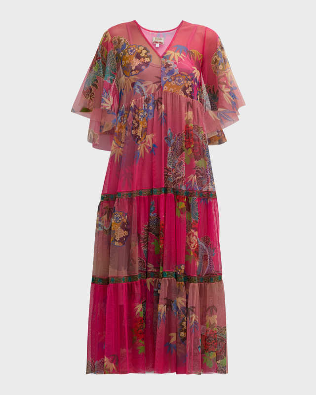 Mazzy Tiered Floral-Print Mesh Midi Dress