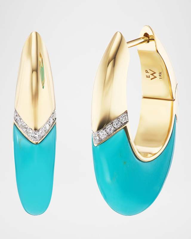 18K Yellow Gold Oval Earrings with Turquoise and Diamonds