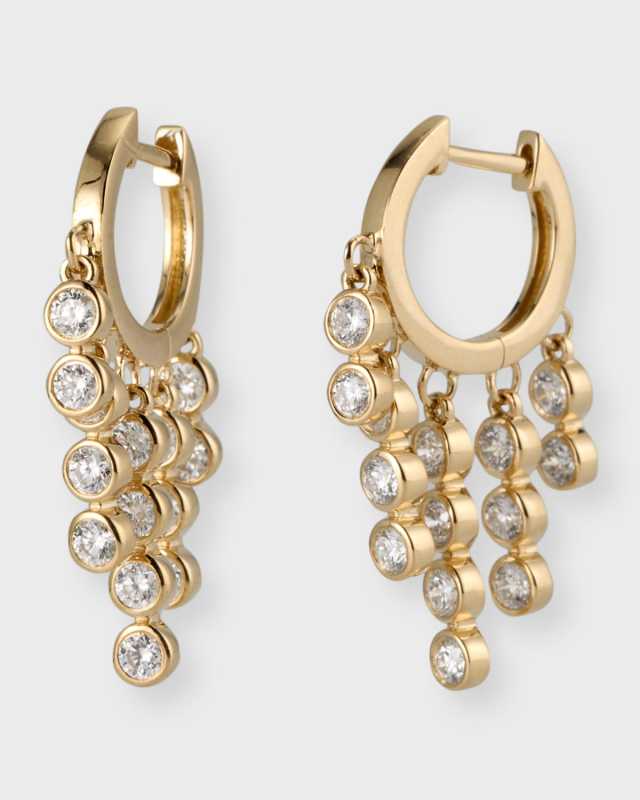 14K Yellow Gold Graduated Fringe Bezel Diamond Huggie Hoop Earrings