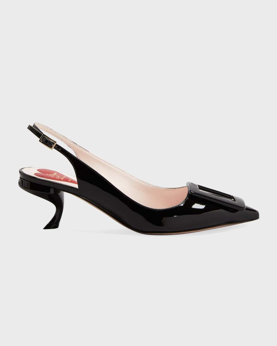 Patent Buckle Kitten-Heel Slingback Pumps