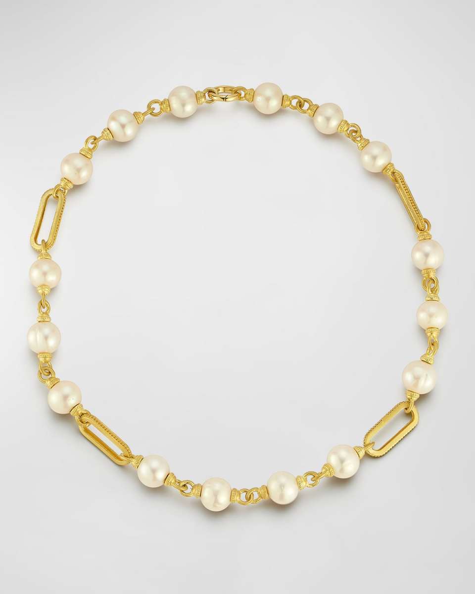 18k Yellow Gold Modern Etruscan Pearl Necklace