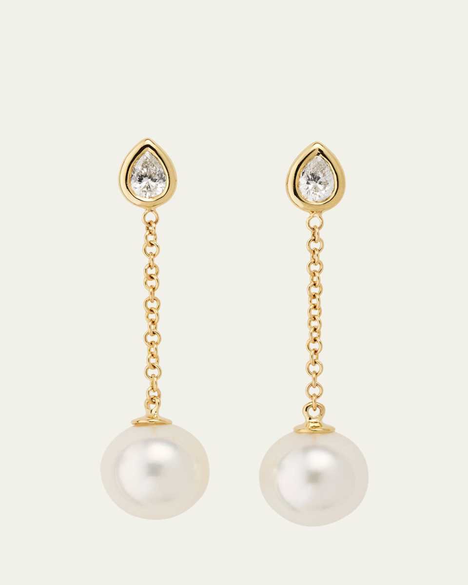 14k Gold Single-Pearl Drop Earrings with Diamonds
