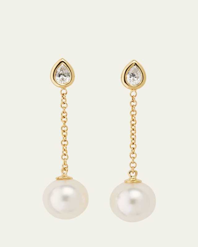 14k Gold Single-Pearl Drop Earrings with Diamonds