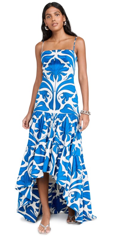 Andres Otalora Joya Tiered Dress Ivory/Cobalt Blue Mosaique