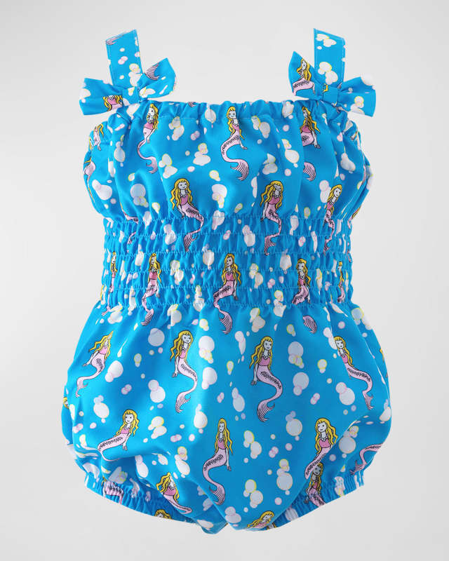 Girl's Mermaid-Print Bubble Romper, Size 6M-24