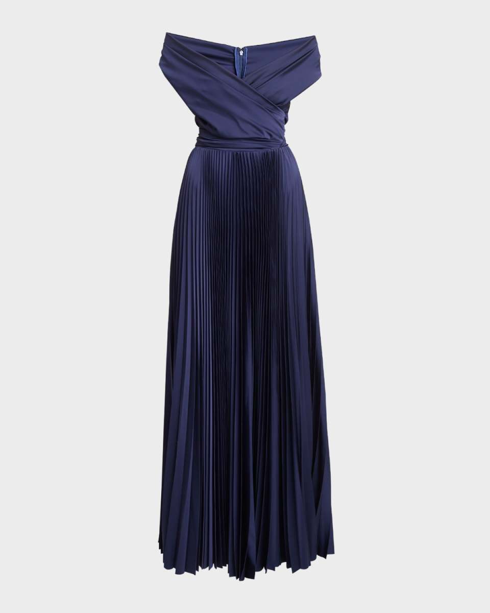 Pleated Voile Satin Off-the-Shoulder Gown
