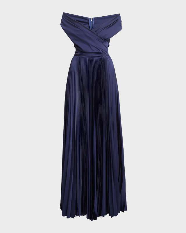 Pleated Voile Satin Off-the-Shoulder Gown