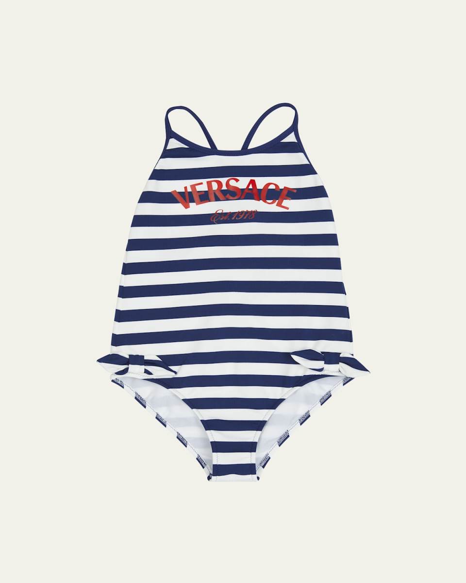 Girl's Striped Logo-Print One-Piece Swimsuit, Size 6M-24M