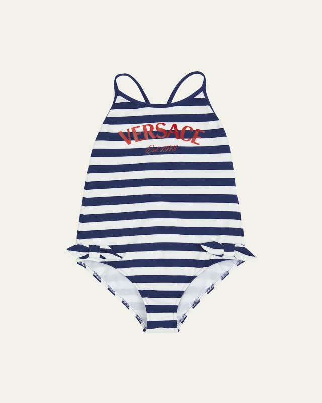 Girl's Striped Logo-Print One-Piece Swimsuit, Size 6M-24M