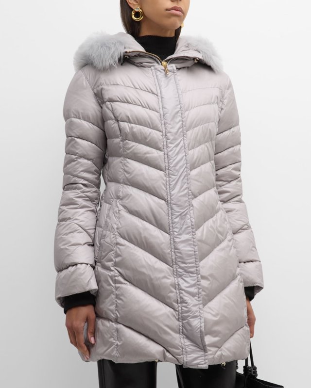 Apres-Ski Chevron Padded Parka Jacket with Detachable Toscana Lamb Shearling Hood Trim