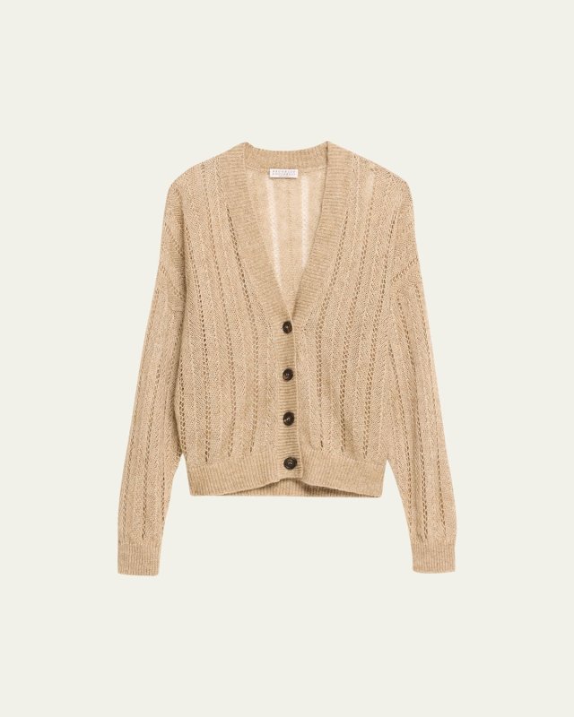 Herringbone Linen Button-Front Cardigan