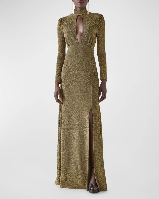 Wilma Cutout Mock-Neck Shimmer Gown