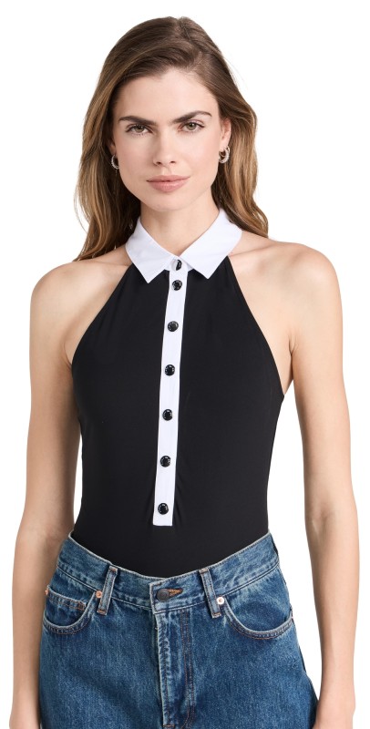 Fleur du Mal High Collar Thong Bodysuit Black