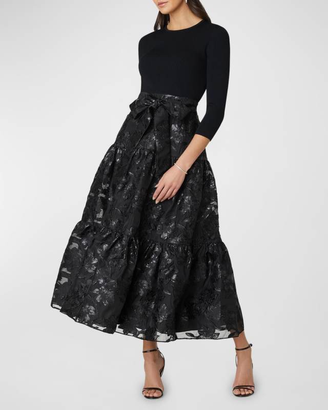 Tiered Floral Jacquard Midi Dress