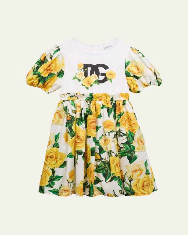 Girl's Logo-Print Floral-Print Combo Dress, Size 2-6