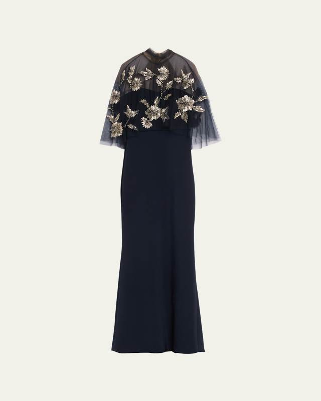 Strapless Crepe Gown with Embellished Capelet