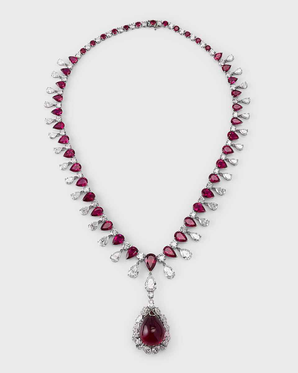 Estate Cerro Platinum GIA Diamond and Rubellite Flexible Tapered Drop Dangle Necklace