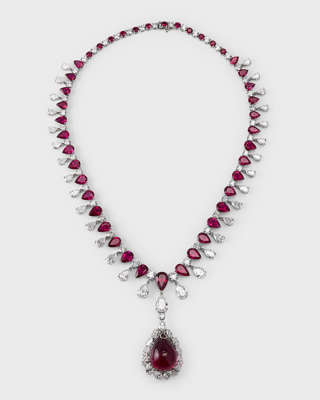 Estate Cerro Platinum GIA Diamond and Rubellite Flexible Tapered Drop Dangle Necklace