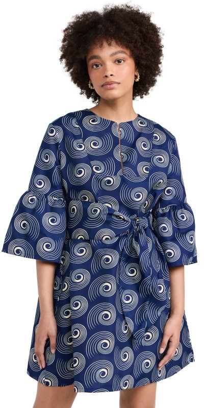 the Oula Company Tie Front Split Neck Dress Blue/Off White