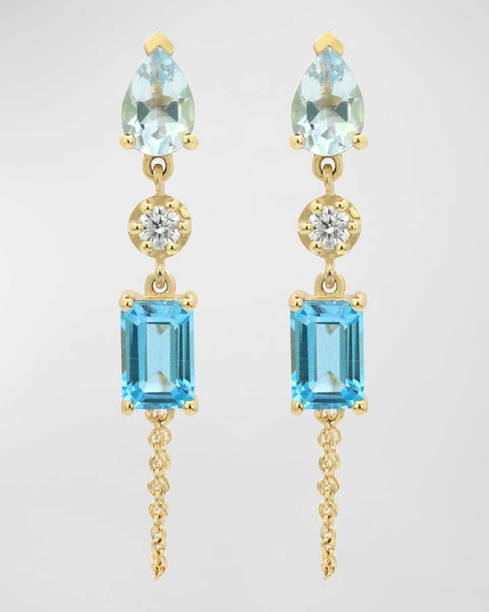 14k Aquamarine and Diamond Chain Drop Earrings