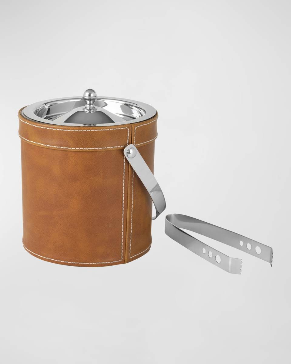 Faux Leather Stitched Ice Bucket With Tongs