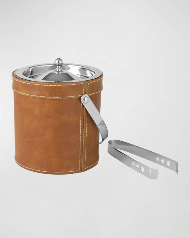 Faux Leather Stitched Ice Bucket With Tongs