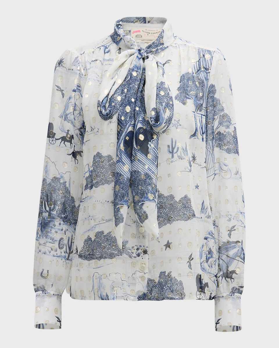Neck-Tie Western Print Silk Blouse