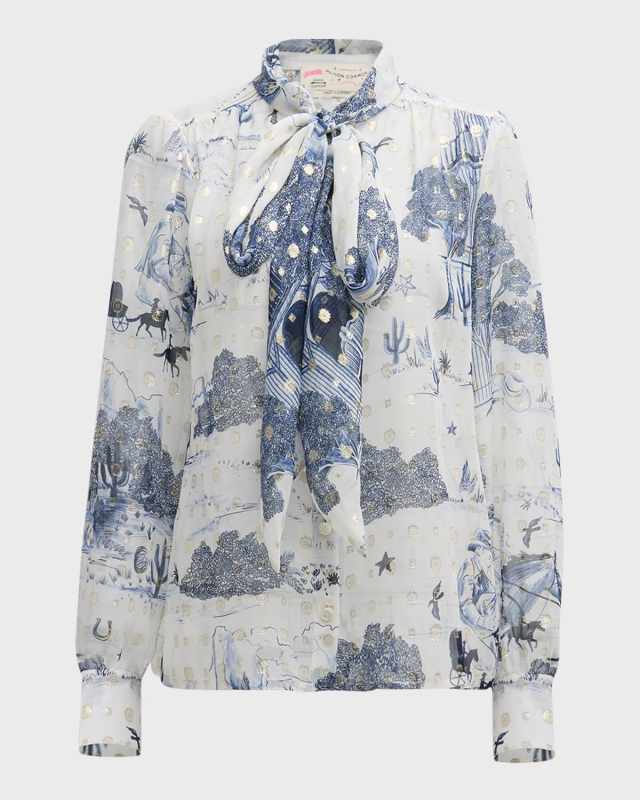 Neck-Tie Western Print Silk Blouse
