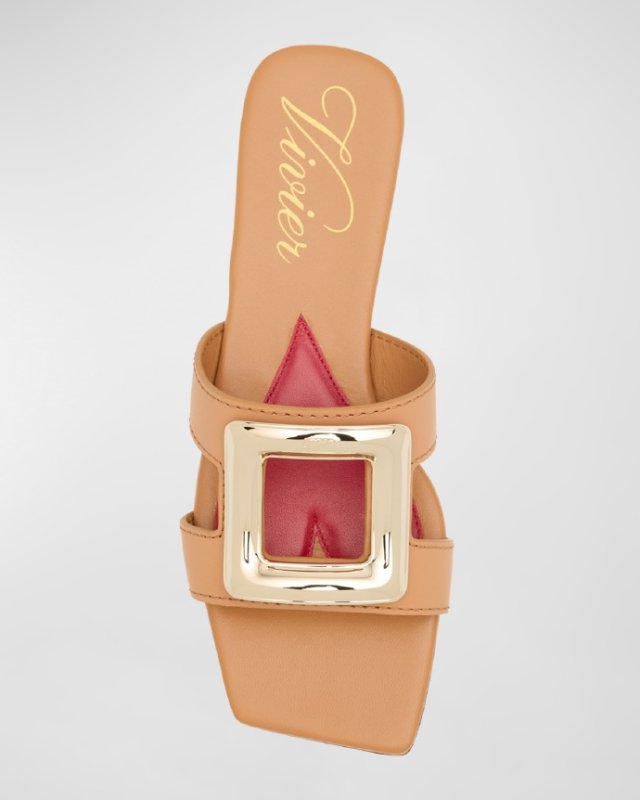 Roger Vivier Leather Buckle Flat Slide Sandals
