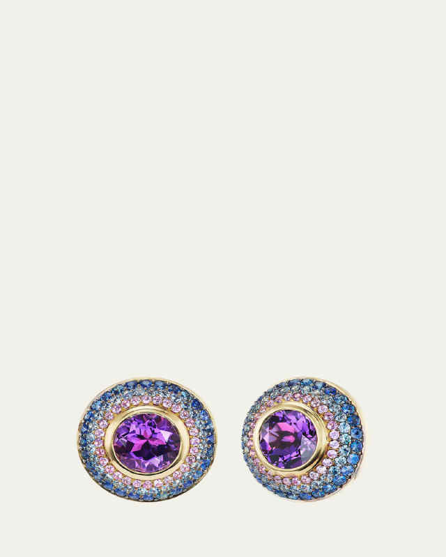 18K Yellow Gold Ombre Amethyst and Sapphire Button Stud Earrings