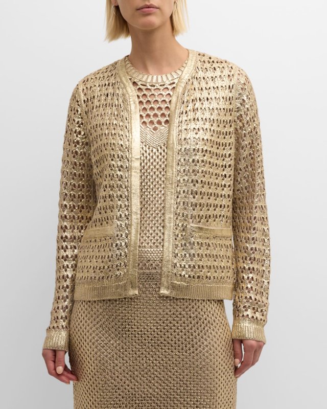Eve Metallic Open-Stitch Cardigan Sweater