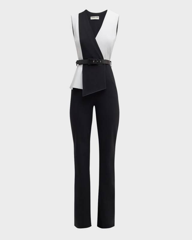 Belted Sleeveless Two-Tone Jumpsuit