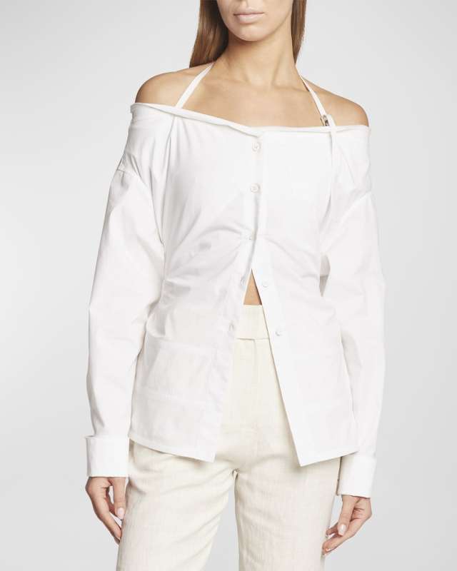 Off-Shoulder Halter Button-Front Shirt