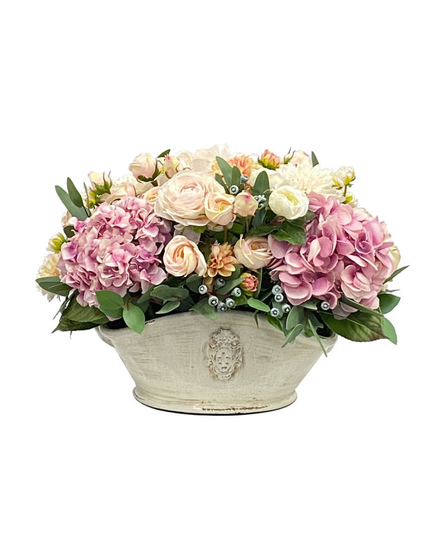 Hydrangea Dahlia Rose Faux Floral Arrangement in Basket