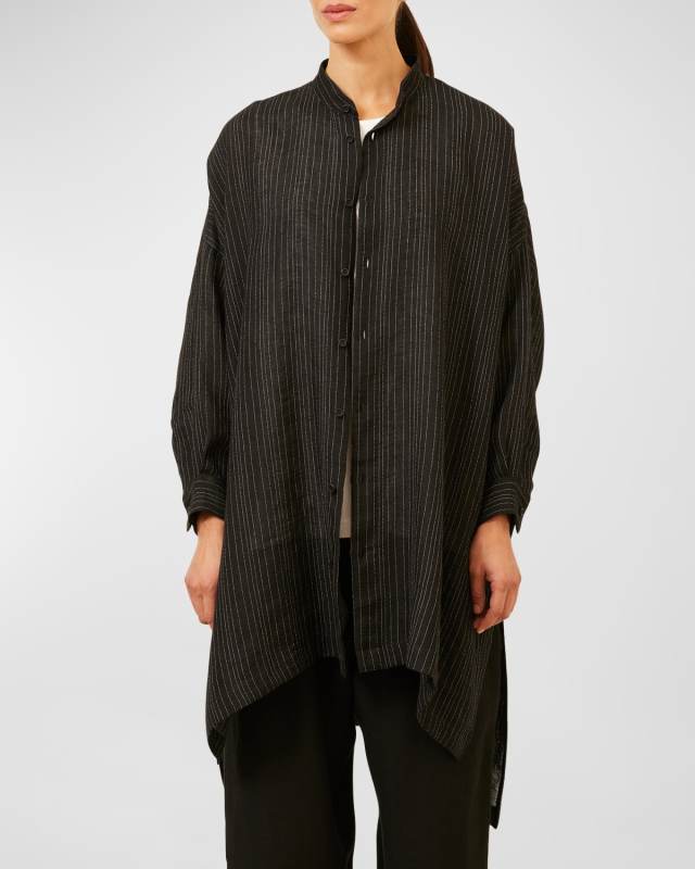 Wide Longer-Back Collarless Shirt With Slits (Very Long Length)