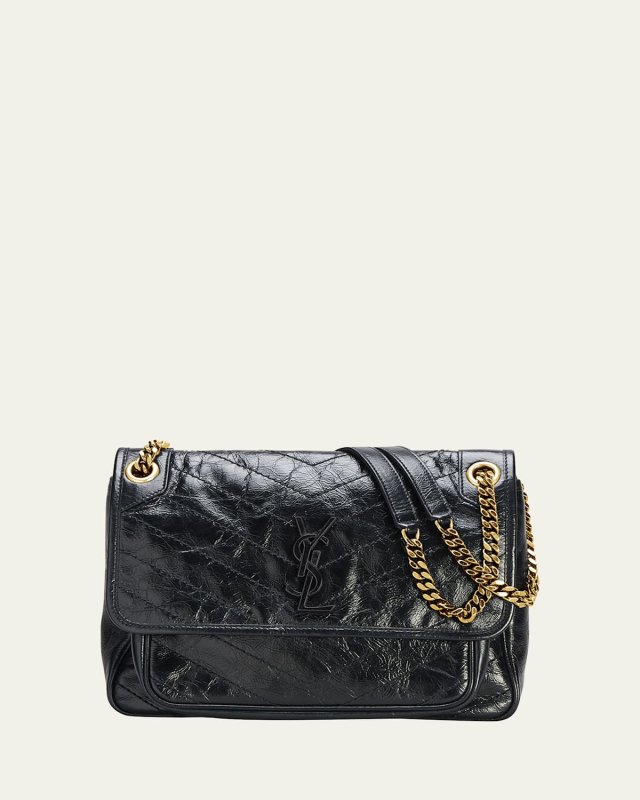Niki Medium Flap YSL Shoulder Bag in Crinkled Leather