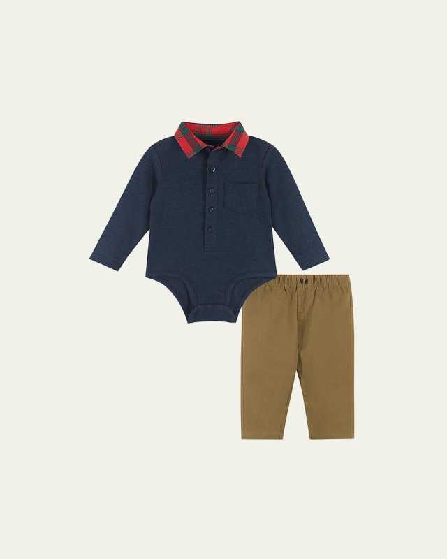 Boy's Holiday Polo Bodysuit W/ Pants Set, Size Newborn-24M