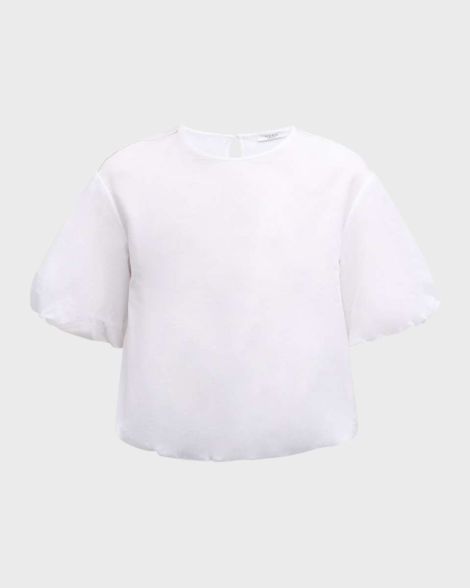 Bead-Trim Blouson-Sleeve Cotton Shirt