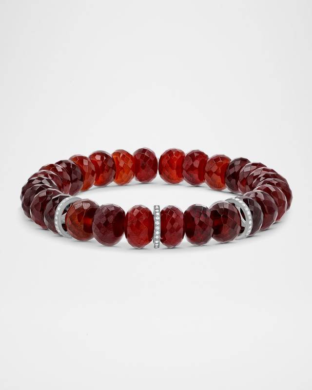 Hessonite Garnet Faceted 10mm Bracelet with 3 Pave Diamond Rondelles