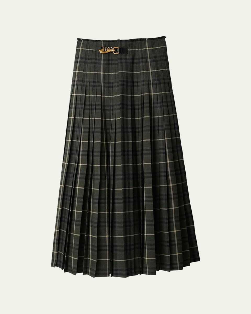 Long Check Pleated Wool Kilt