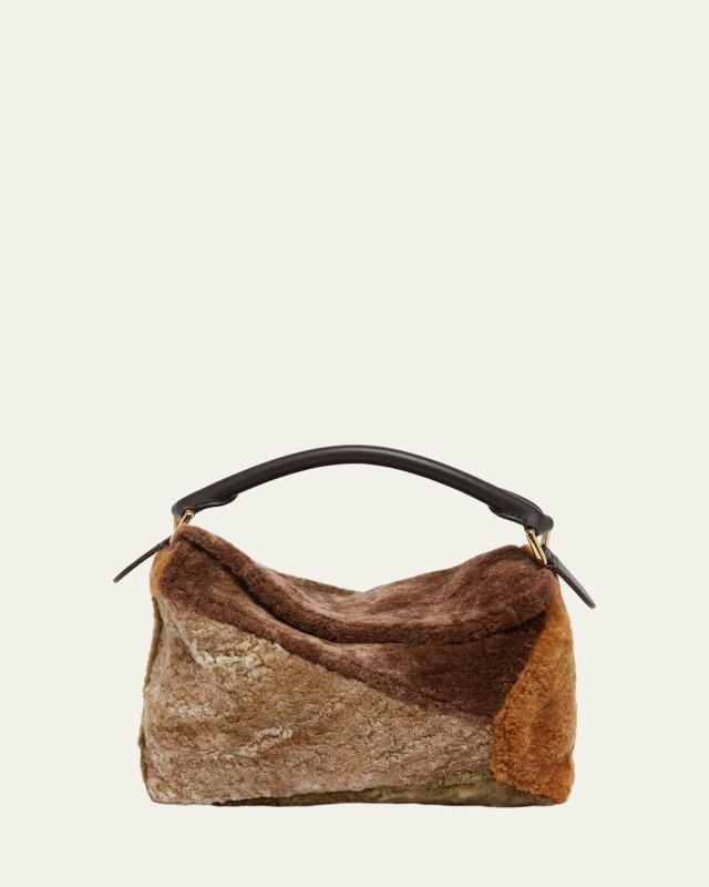 Puzzle Edge Small Sheep Shearling Fur Top-Handle Bag