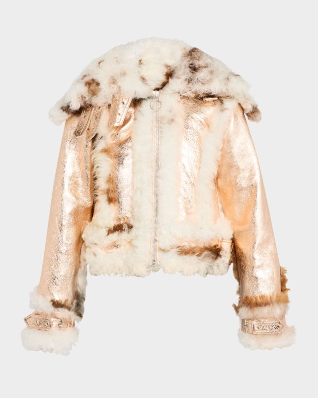 Metallic Shearling Aviator Jacket
